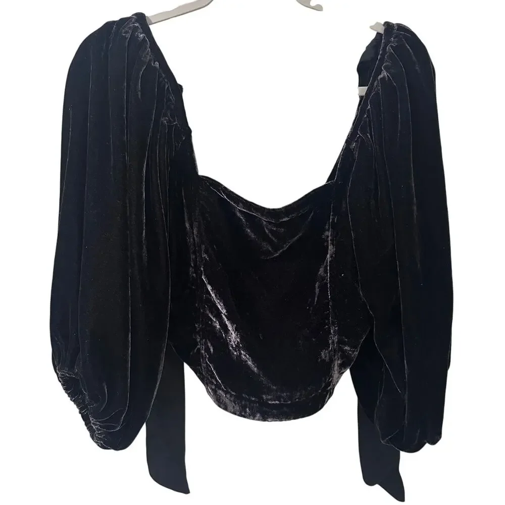 Free People Crushed Velvet Square Neck Bishop Sleeve Tie Back Crop Top Brn L